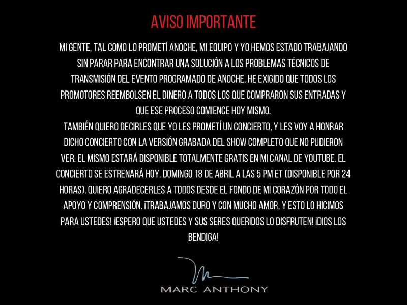 Marc Anthony se disculpa por su fallido concierto virtual.