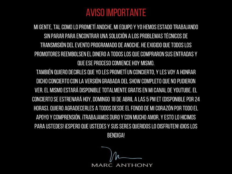 Marc Anthony se disculpa por su fallido concierto virtual.